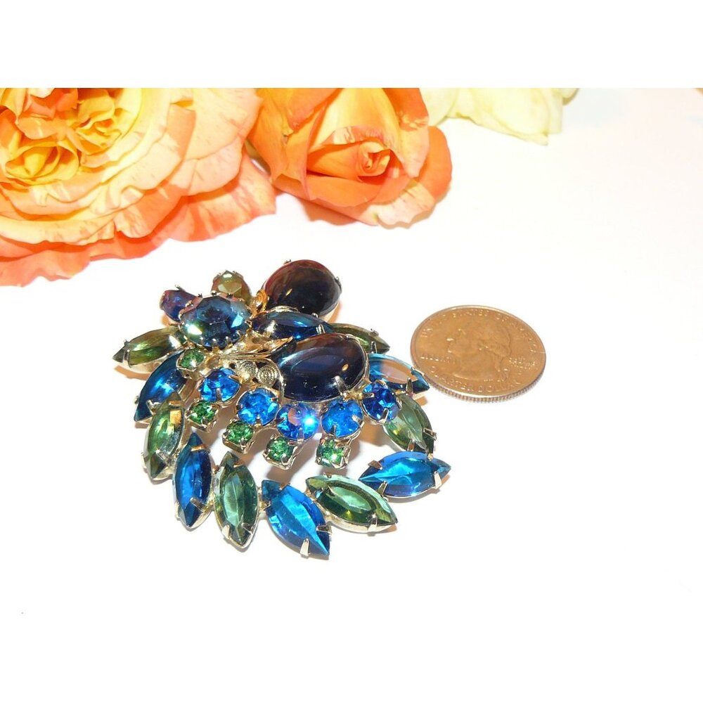 Stunning Blue and Green Rhinestone Brooch, Vintage Rhinestone Brooch,